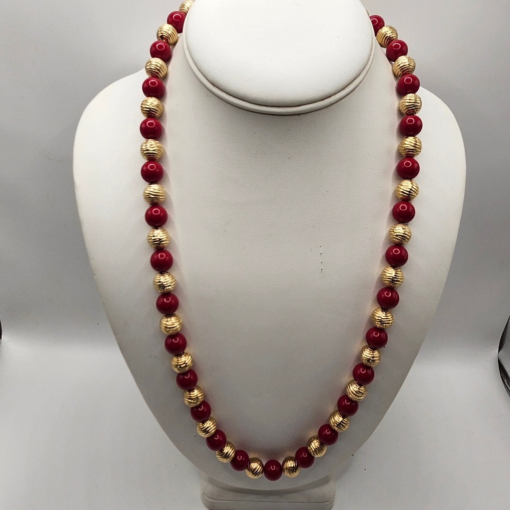 Red and Gold Beaded Necklace Lobster Claw‎ Clasp Statement Jewelry